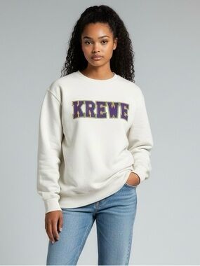 Comfort Colors White Crewneck with Purple & Gold Krewe Logo size Small
